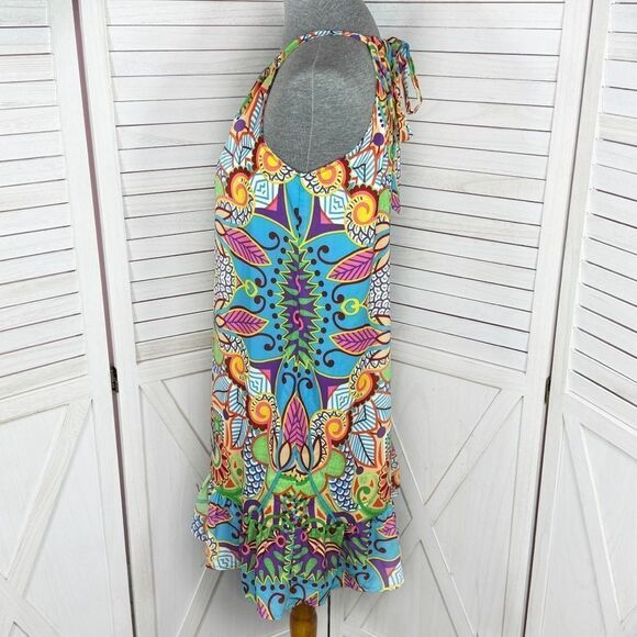 Jade Melody Tam Multi Floral Print Ruffle Hem Tunic Halter Dress Medium - Picture 2 of 11